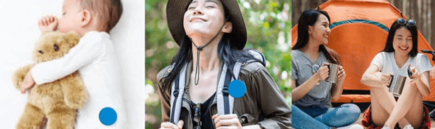 黑蚊滾防蚊貼片使用情境，適合嬰兒、登山與露營等室內外活動