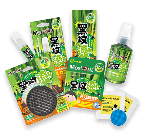 黑蚊淨全系列產品組合，包含噴霧、防蚊貼片與木纖防蚊罐